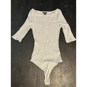 Womens Gray Express 3/4 sleeve ribbed thong body suit S Small